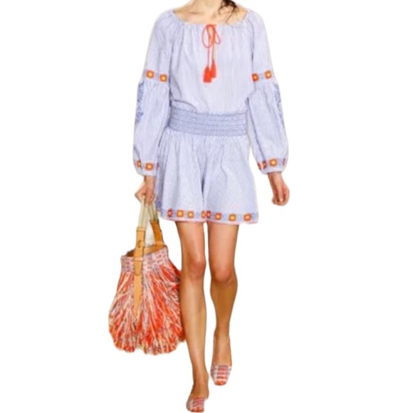 TORY BURCH Oxford Stripe Embroider Hem Grace Skirt, Blue Dusk and White, Size XL - Picture 8 of 8